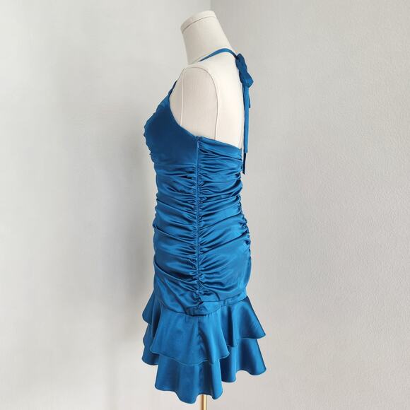 Jessica McClintock Y2K Teal Satin Halter Ruffle Drop Waist Mini Homecoming Dress - Picture 5 of 10